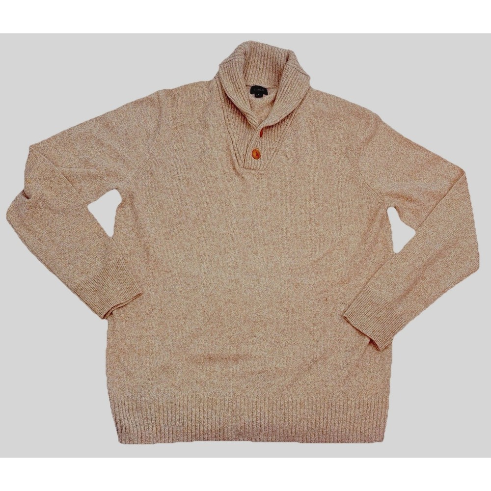 J Crew Mens Sweater Merino Wool‎ L Pullover Rugged Two Button Shawl Collar Beige